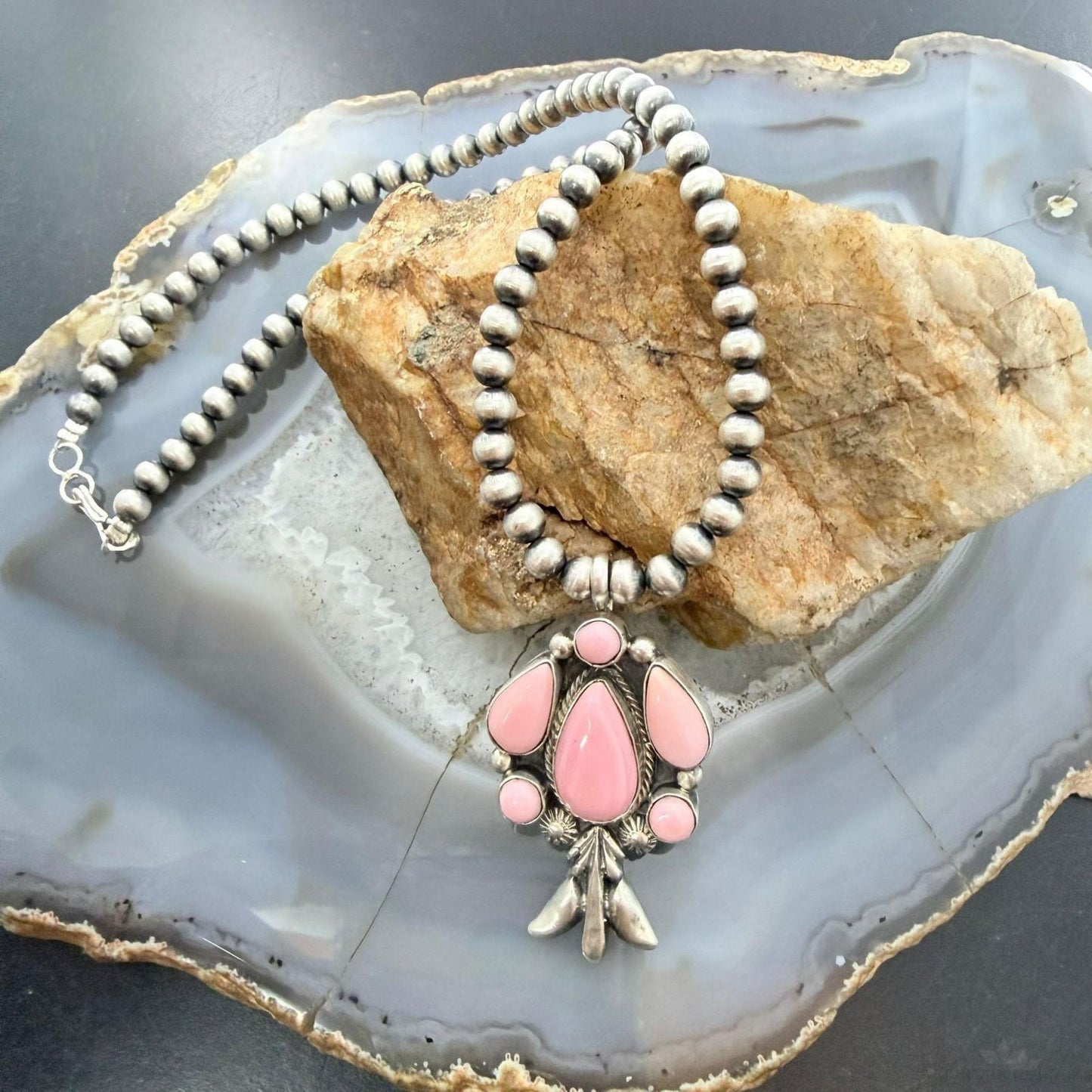 Running Bear Native American Sterling Pink Conch Pendant 15" Necklace For Women