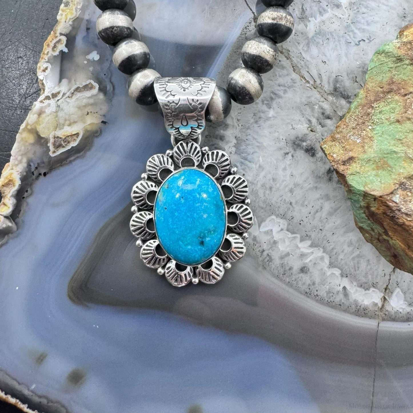 Native American Sterling Silver Oval Turquoise Decorated Pendant For Women