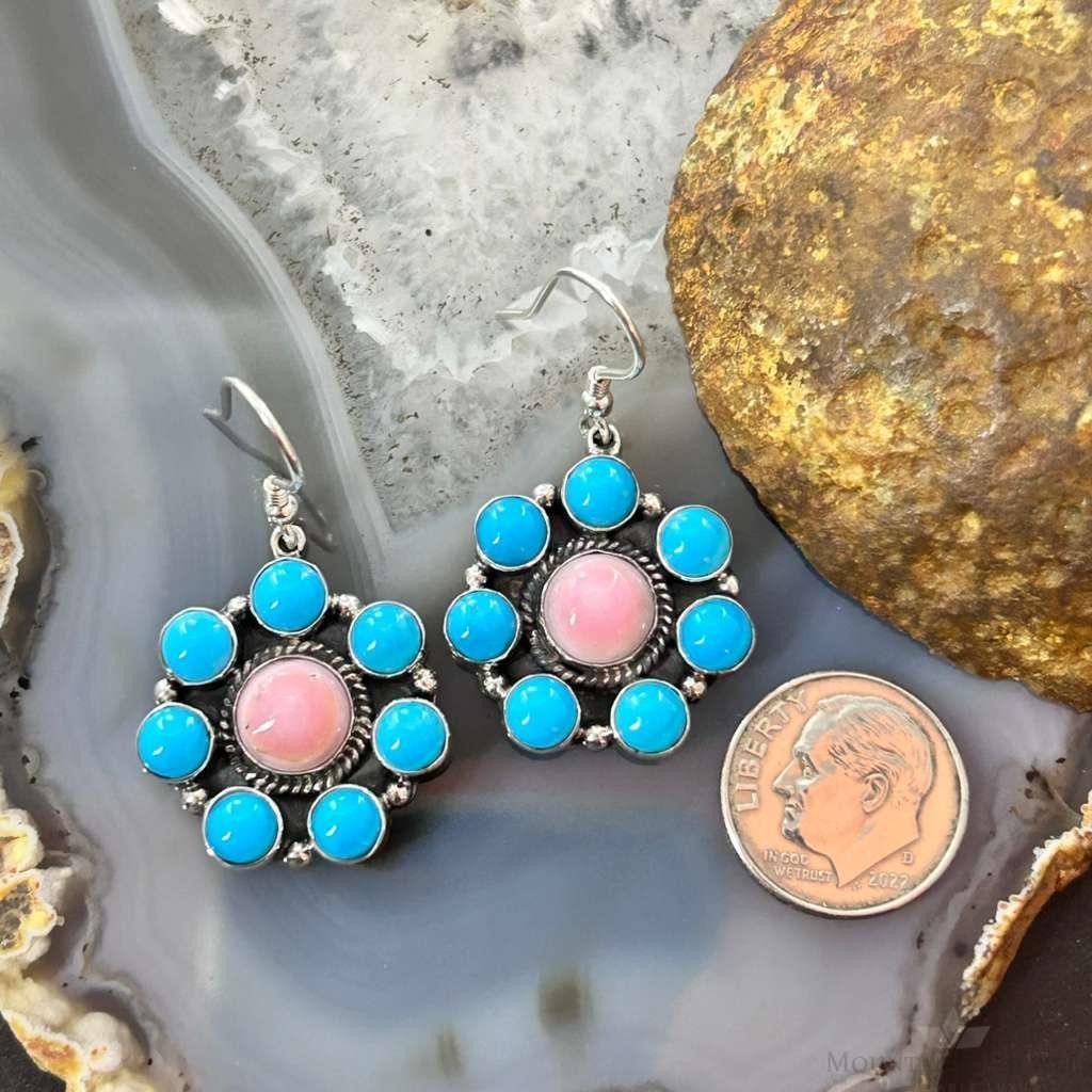 Native American Sterling Silver & Turquoise, Pink Conch Cluster Dangle Earrings For Women