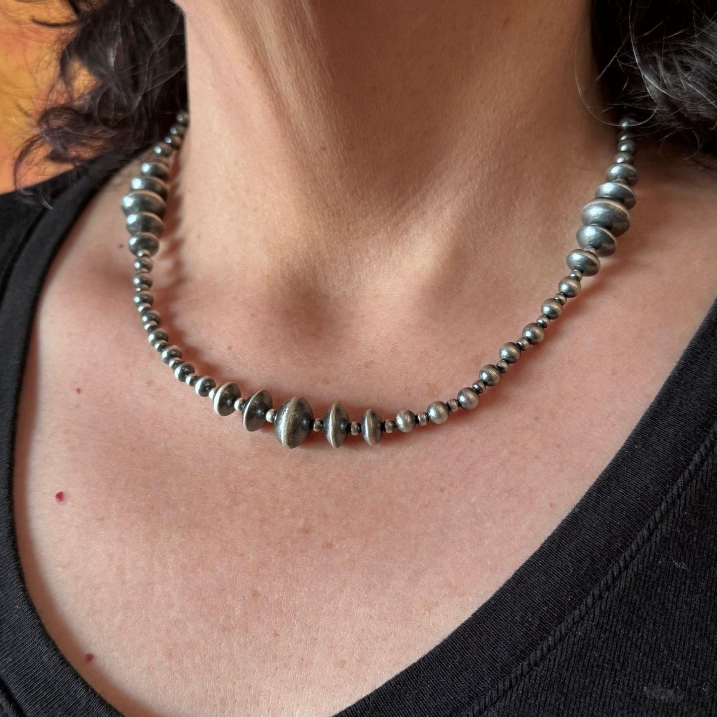 Sterling Silver Southwestern Style 2-12mm Navajo Pearl Bead 18"- 20" Necklace #2