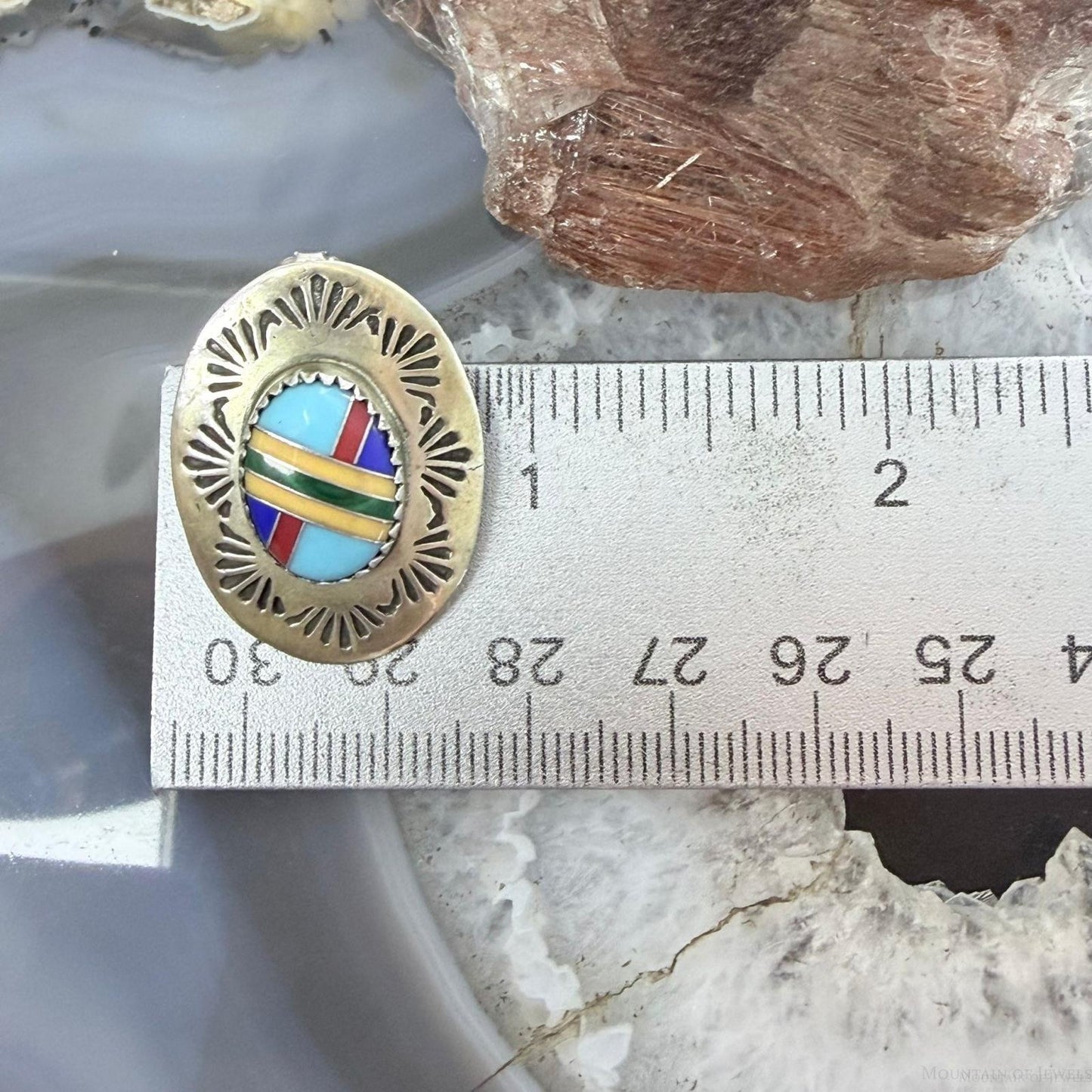 Signed Native American Sterling Silver Multi Stone Inlay Post Earrings For Women