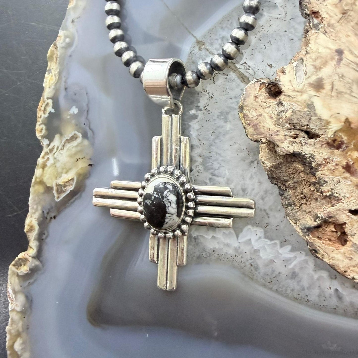 Sterling Silver Southwestern Style Oval White Buffalo Unisex Zia Pendant