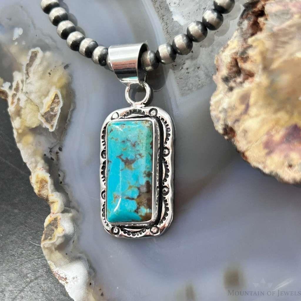 Native American Sterling Silver Rectangle Turquoise Decorated Pendant For Women