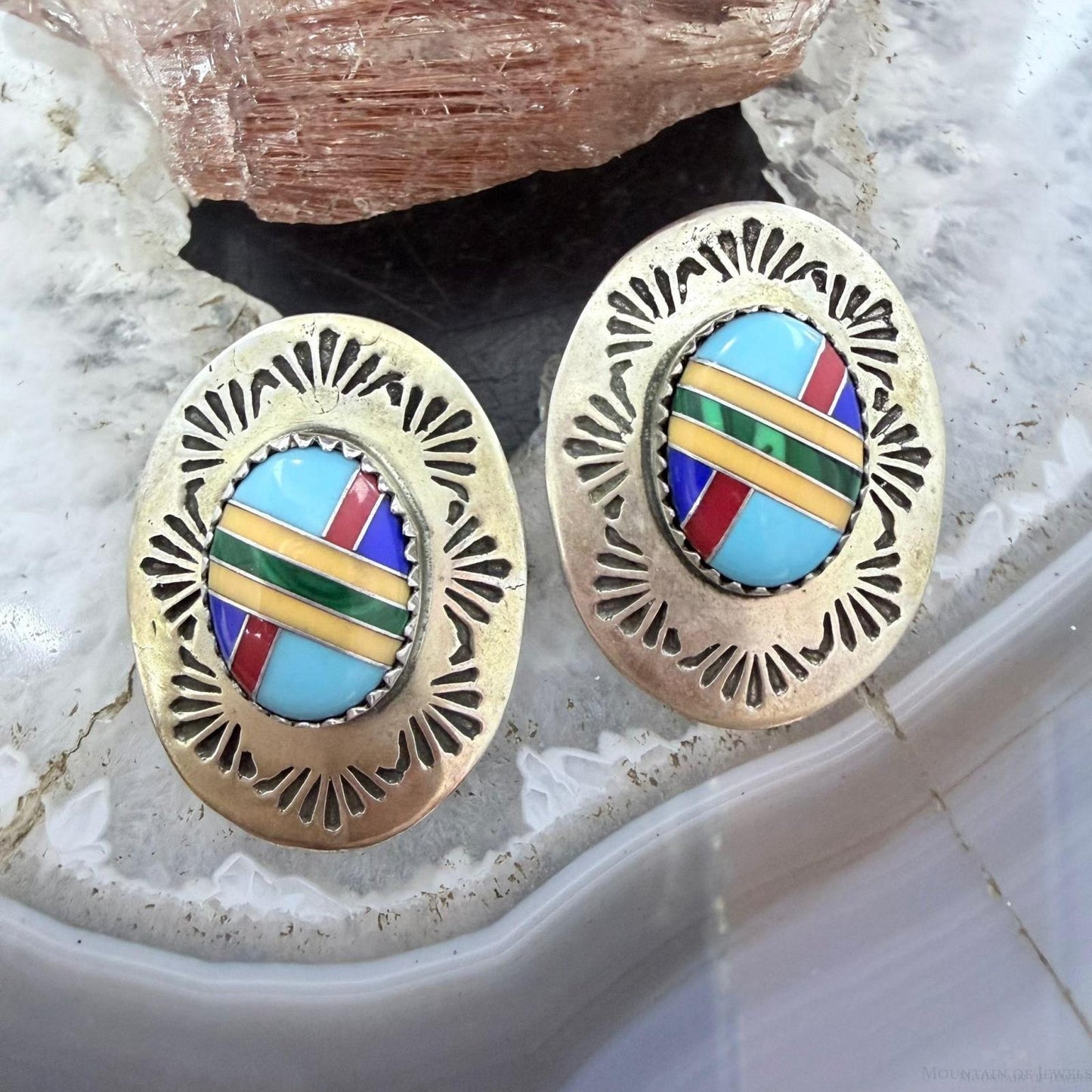 Signed Native American Sterling Silver Multi Stone Inlay Post Earrings For Women