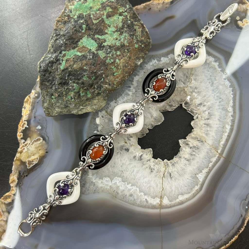 Carolyn Pollack Sterling Silver White & Black Agate Link Bracelet For Women