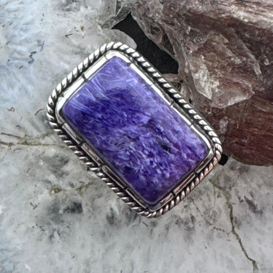 Sterling Silver Southwestern Style Charoite Decorated Bar Ring Size 9.25 For Women