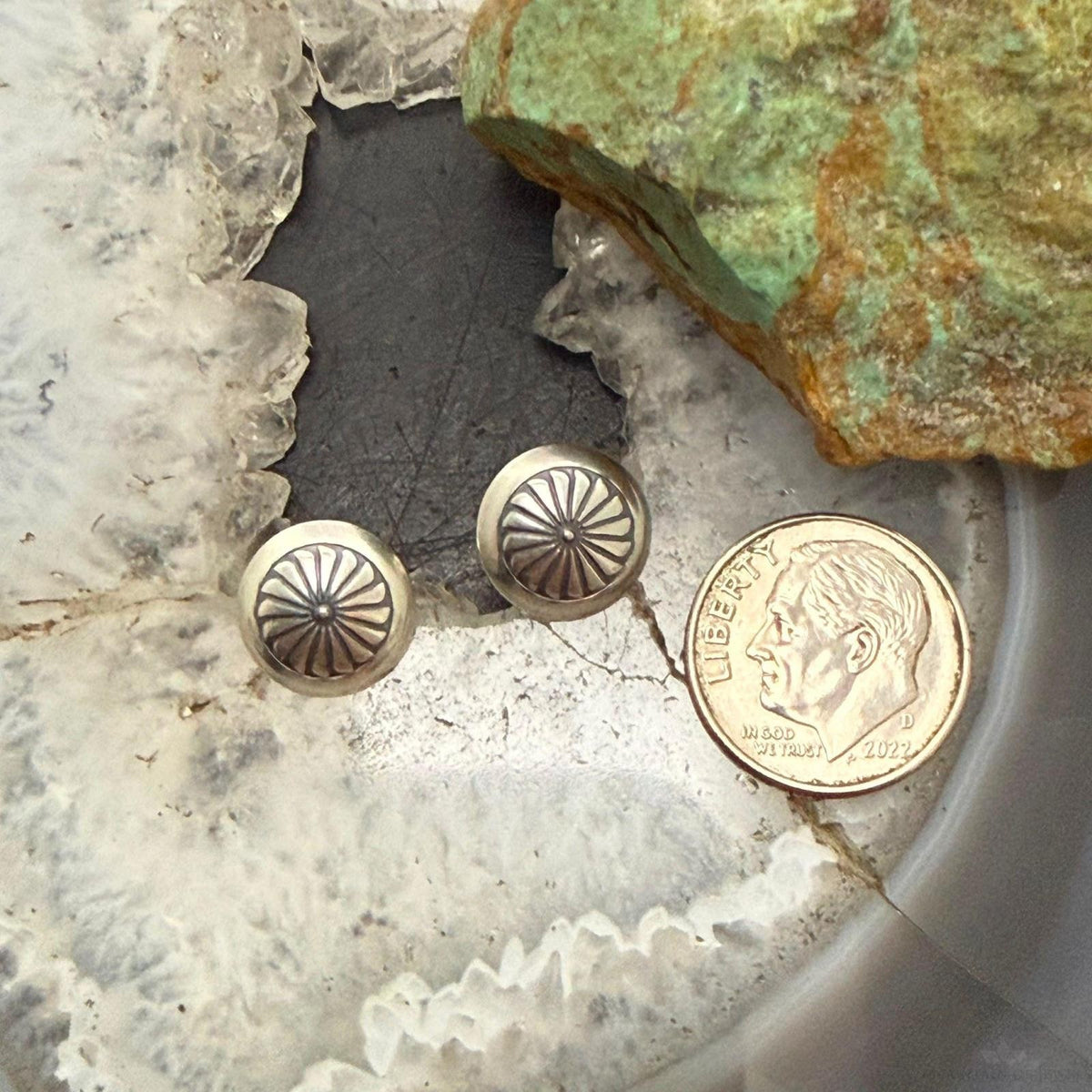 Native American Sterling Silver Round Stamped Concho Stud Earrings For Women