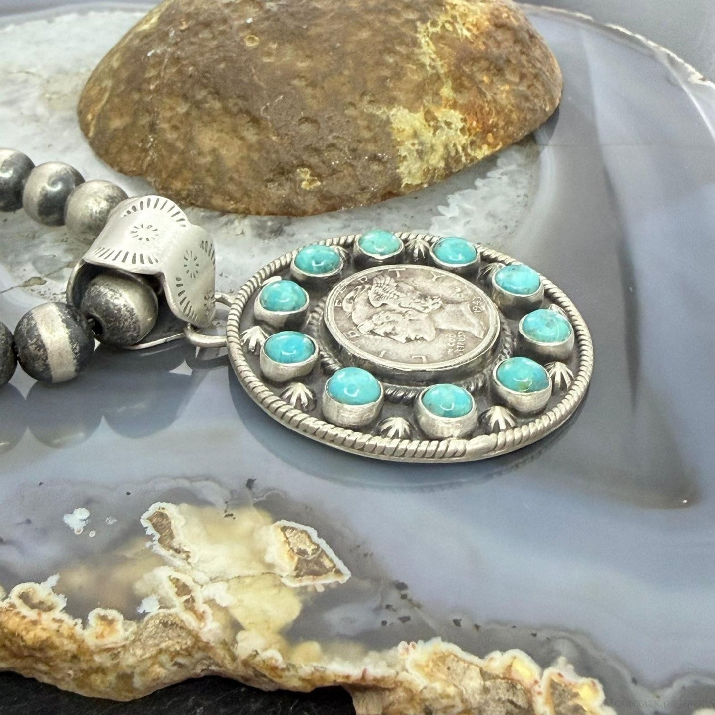 Genuine 1943 90% Silver Mercury Dime Coin w/Mohave Turquoise Unisex Pendant