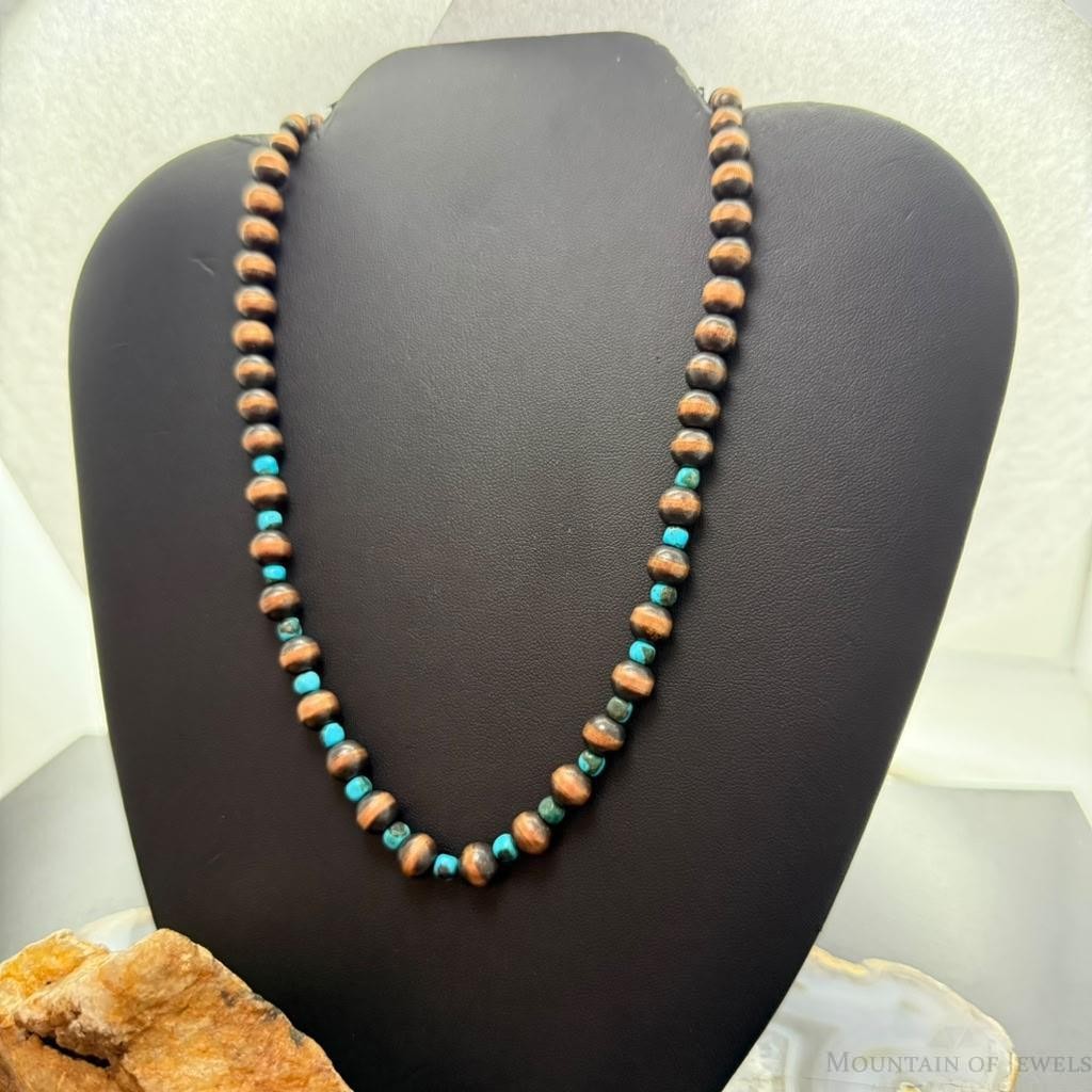 Copper 4mm-7.5mm Navajo Pearl Beads & Turquoise Beaded 20" Necklace For Women