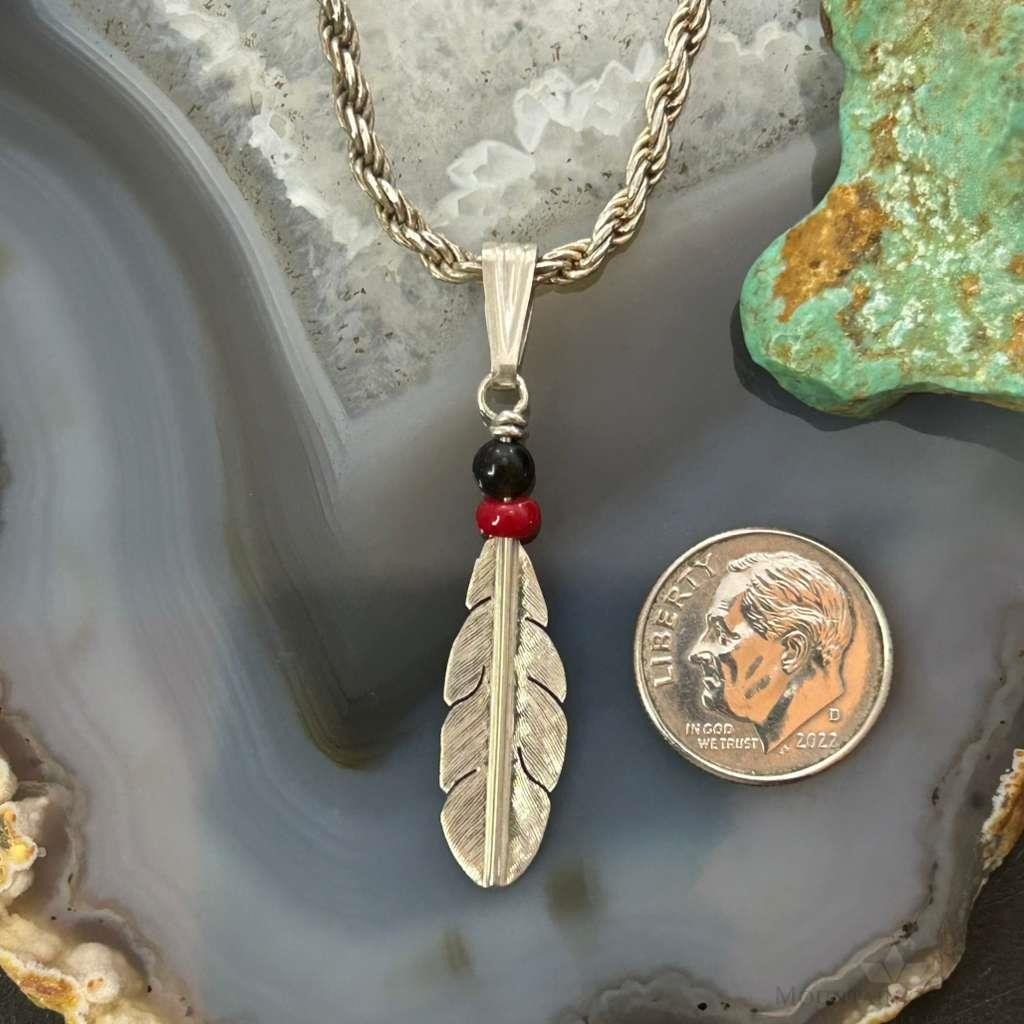 Anthony Gatewood Sterling Silver Onyx & Coral Beads Feather Pendant For Women