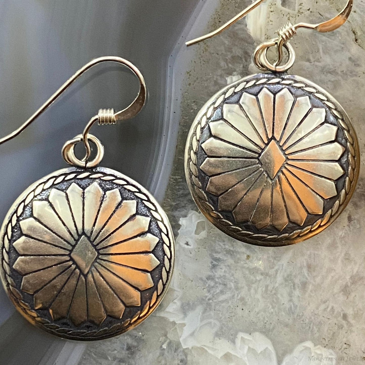 Native American Sterling Round Decorated Stamped Dangle Earrings For Women