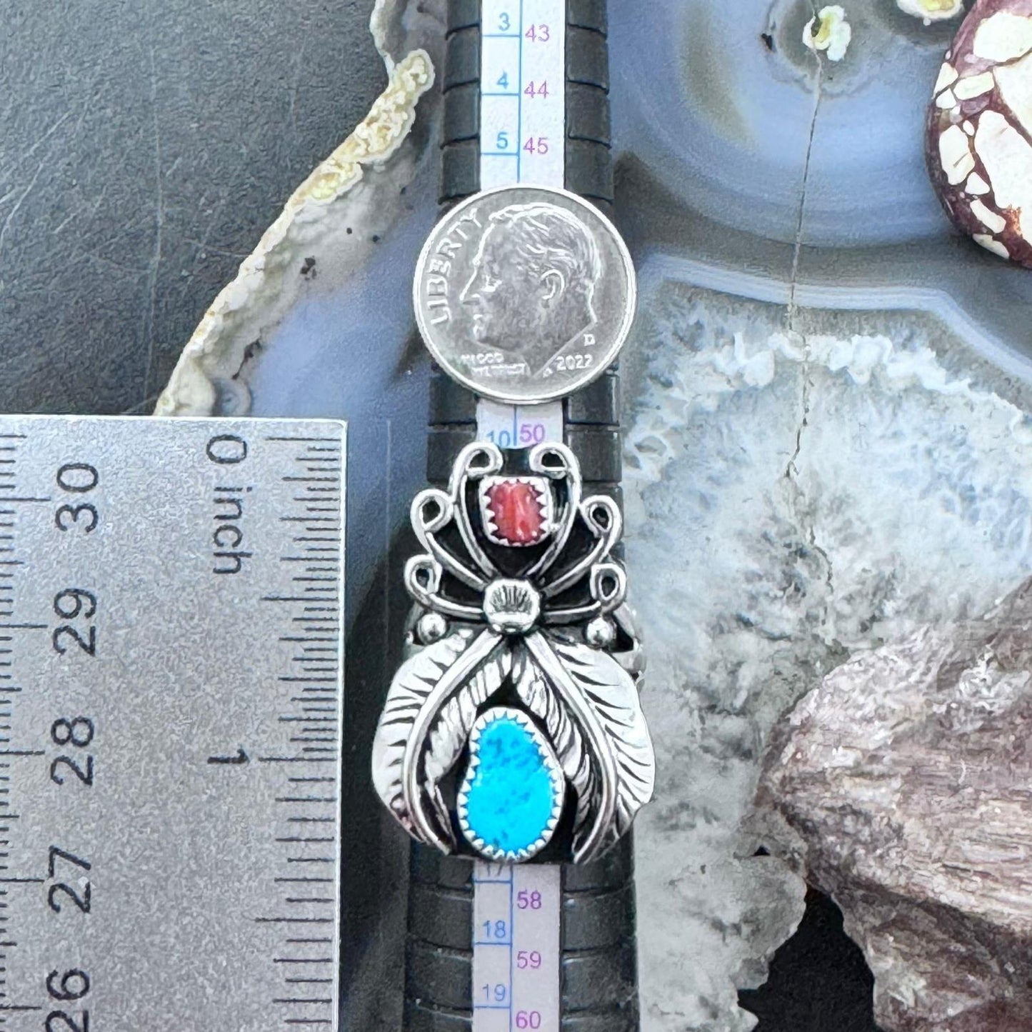 Native American Sterling Silver Turquoise & Coral Leaves Ring Size 7 For Women