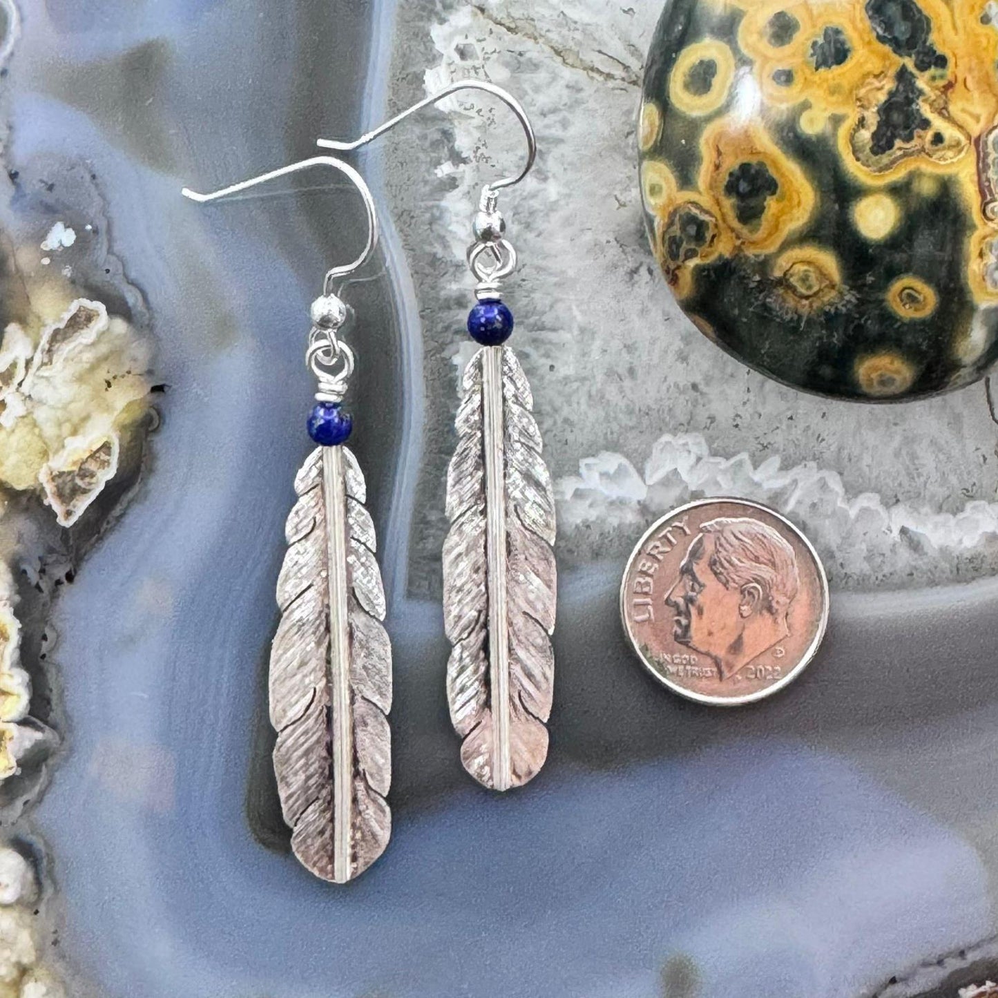 Anthony Gatewood Sterling Silver & Lapis Bead Feather Dangle Earrings For Women