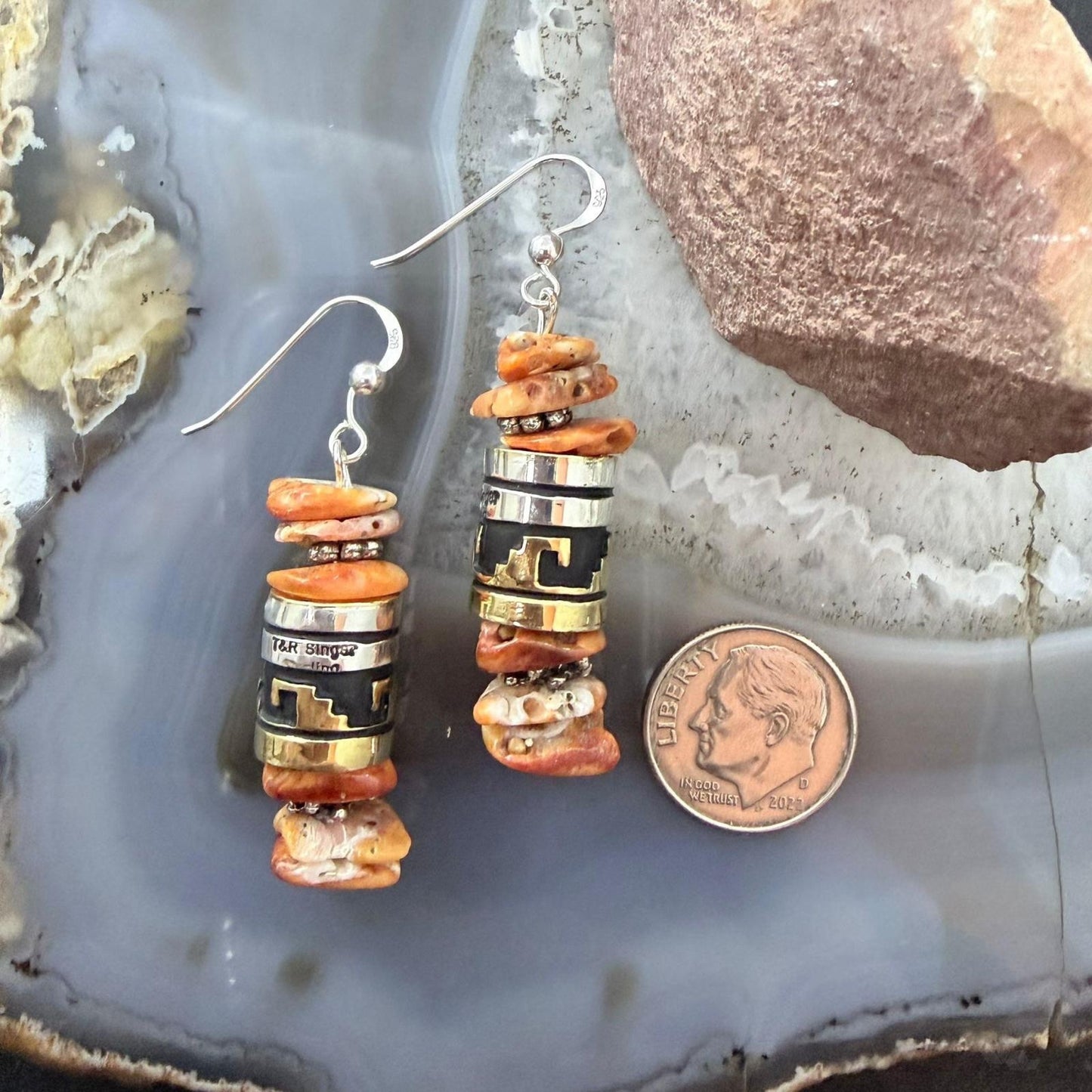 Tommy & Rosita Singer Sterling Silver Orange Spiny Oyster Beads Dangle Earrings For Women #1