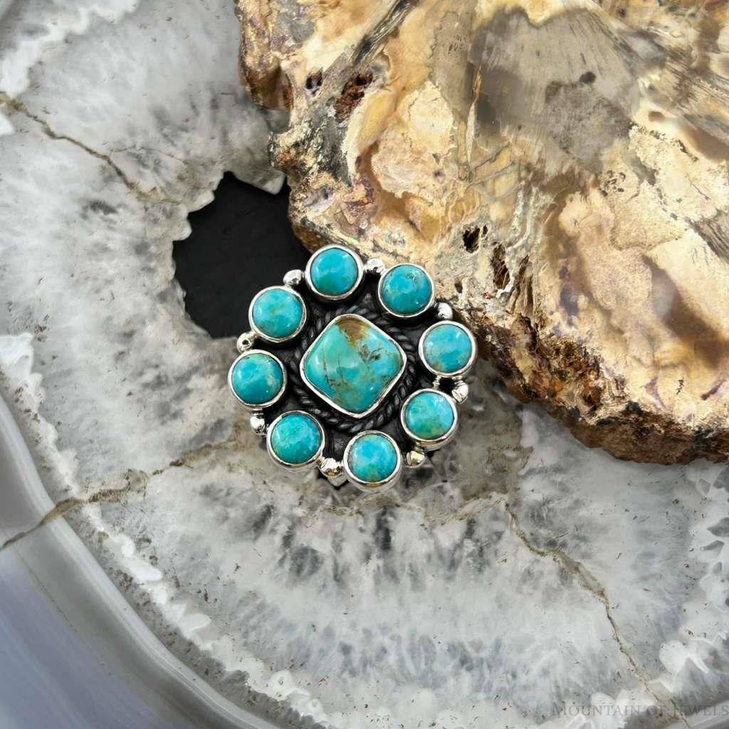 Sterling Silver Southwestern Style Mohave Turquoise Cluster Ring Size 7.5 For Women