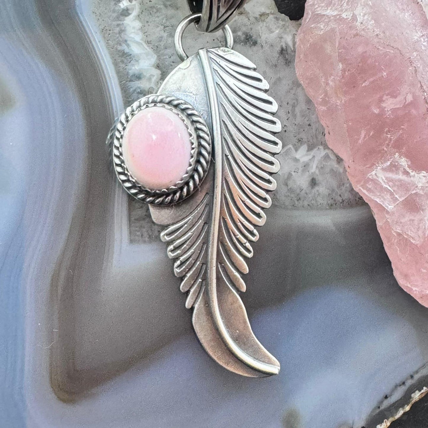 Native American Sterling Silver Oval Pink Conch Feather Pendant For Women