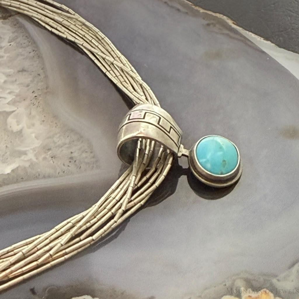 Vintage Liquid Silver 10 Strands w/Pendant Bear & Turquoise Necklace For Women