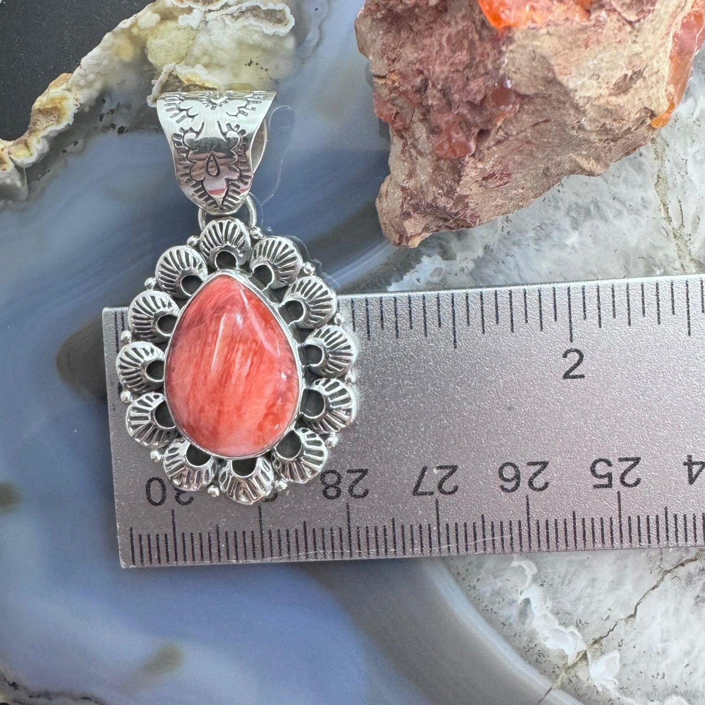 Native American Sterling Silver Teardrop Orange Spiny Oyster Pendant For Women