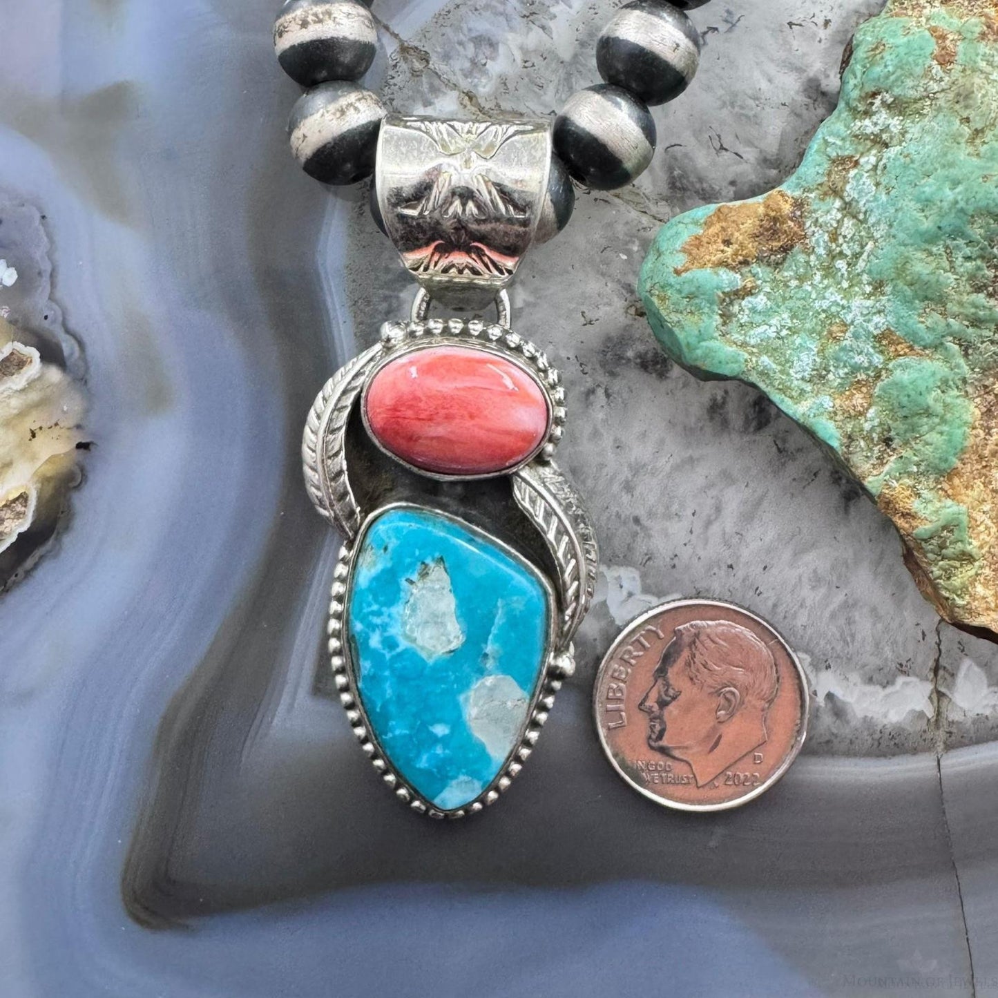 Native American Sterling Silver Oval Orange Spiny Oyster W/Triangular Turquoise Pendant For Women