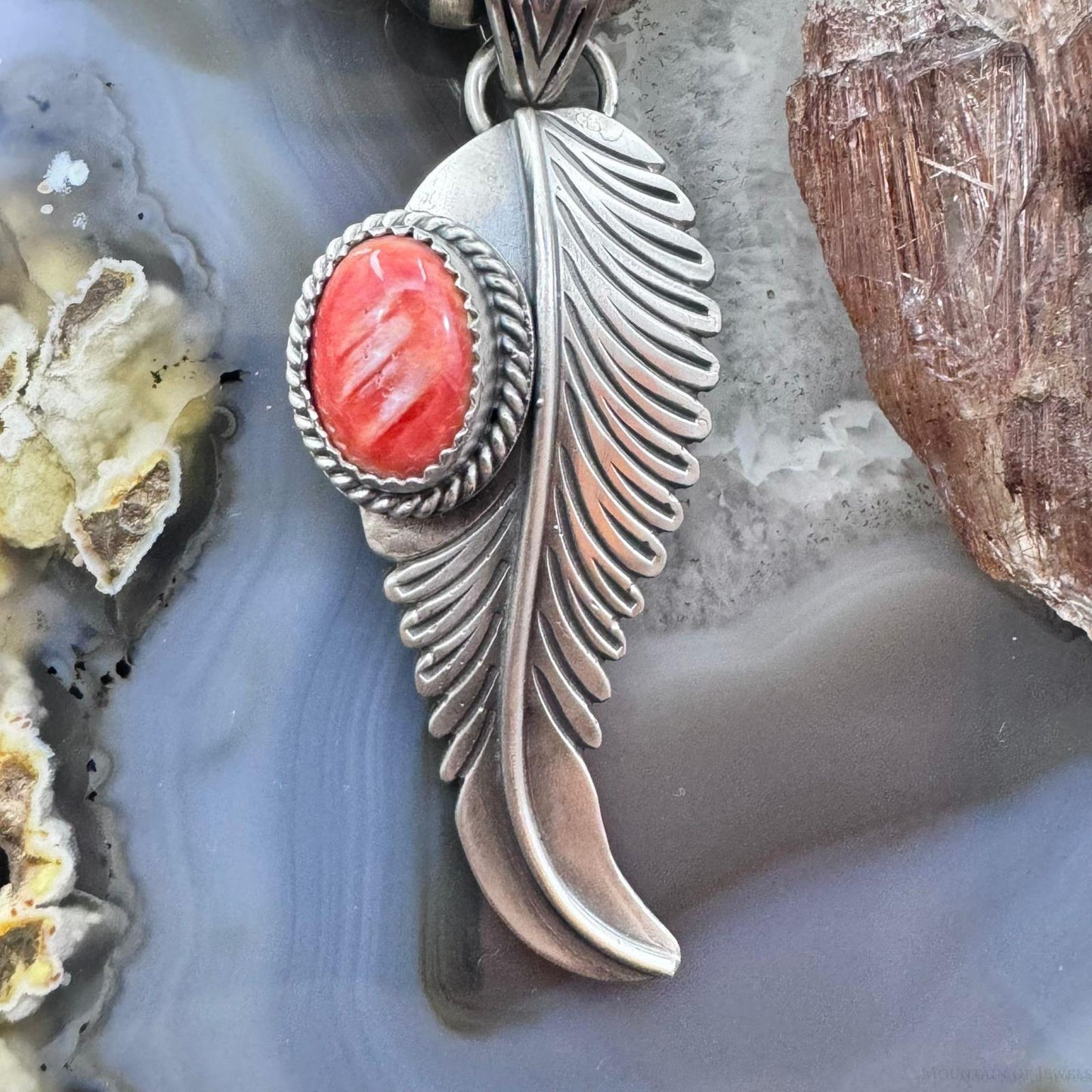 Native American Sterling Silver Orange Spiny Oyster Feather Pendant For Women