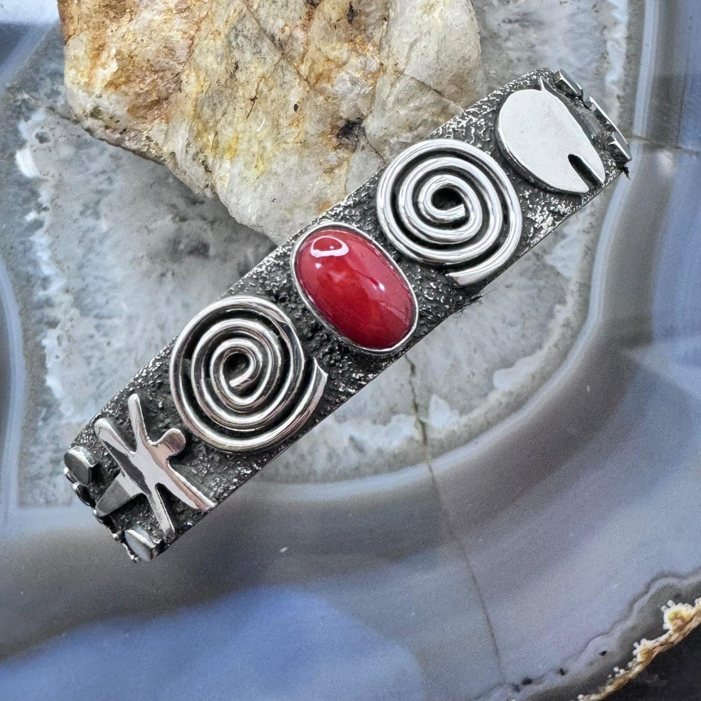 Alex Sanchez Native American Sterling  Silver Petroglyph Coral Bracelet For Women