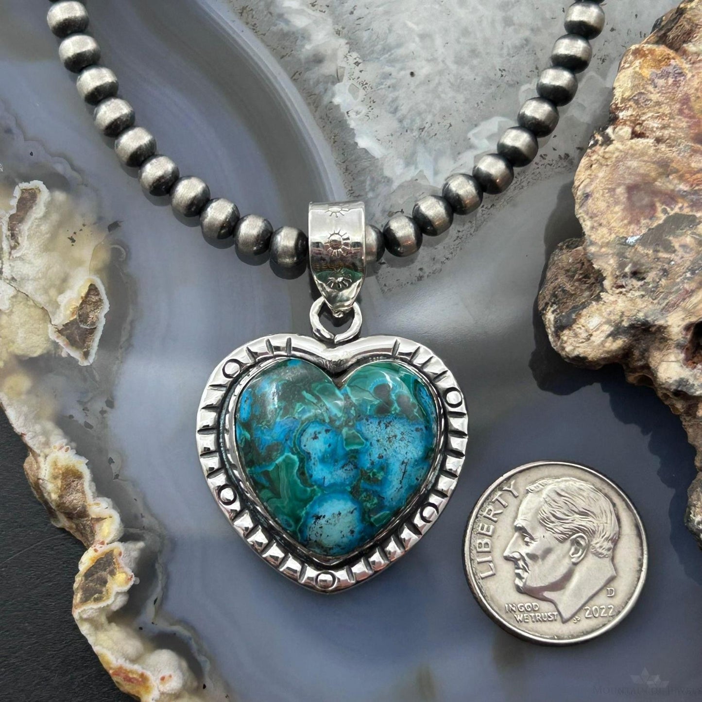 Sterling Silver Southwestern Style Azurite Malachite Heart Pendant For Women #2