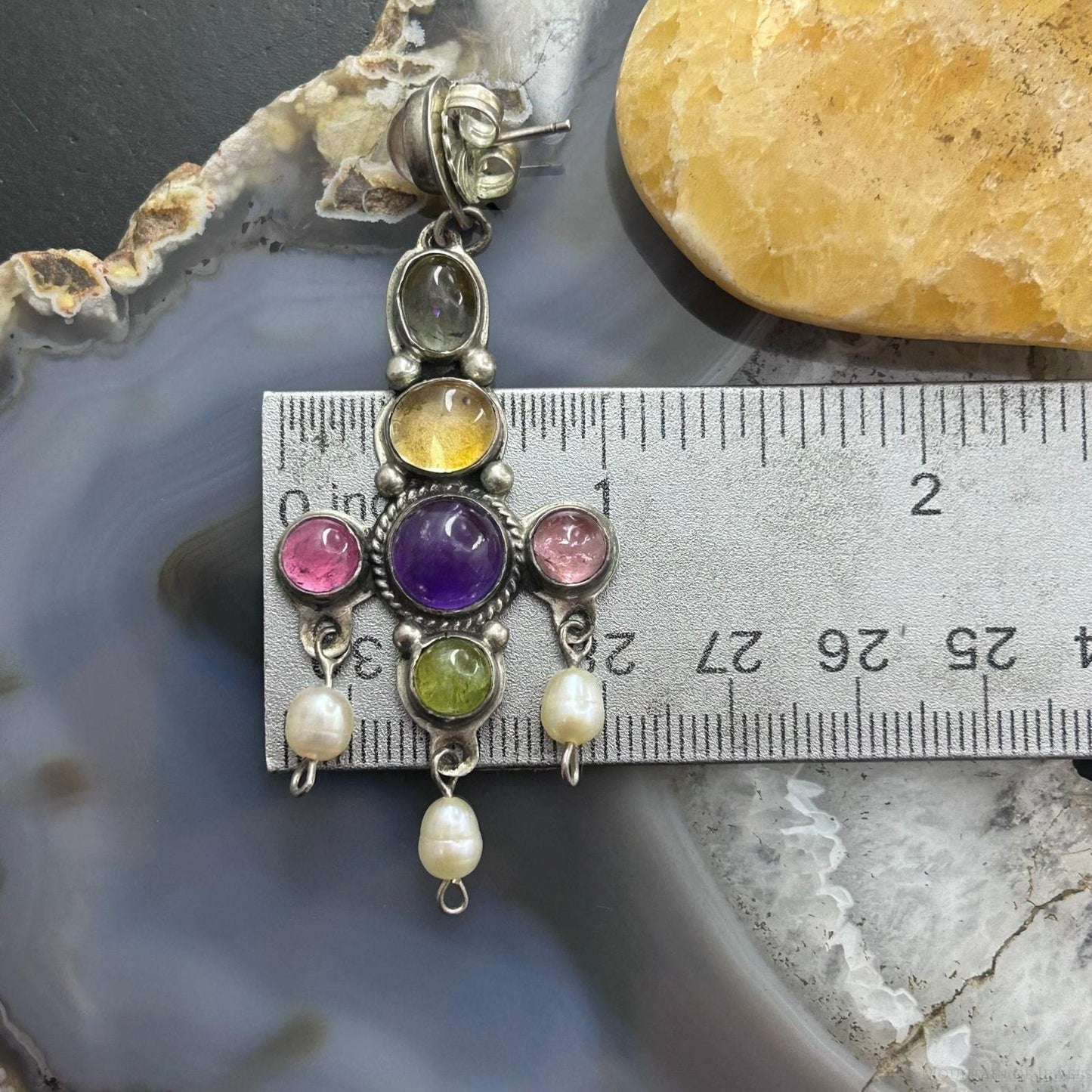Ron Wesley Silver Southwestern Style Multi Gemstone Dangle Earrings For Women