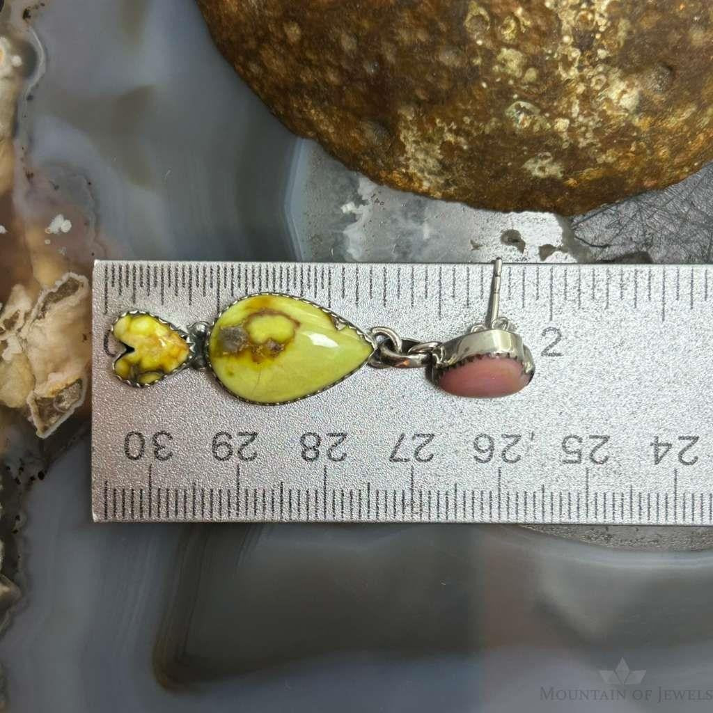 Sterling Silver Southwestern Style Teardrop Palomino & Heart Pink Conch Dangle Earrings For Women