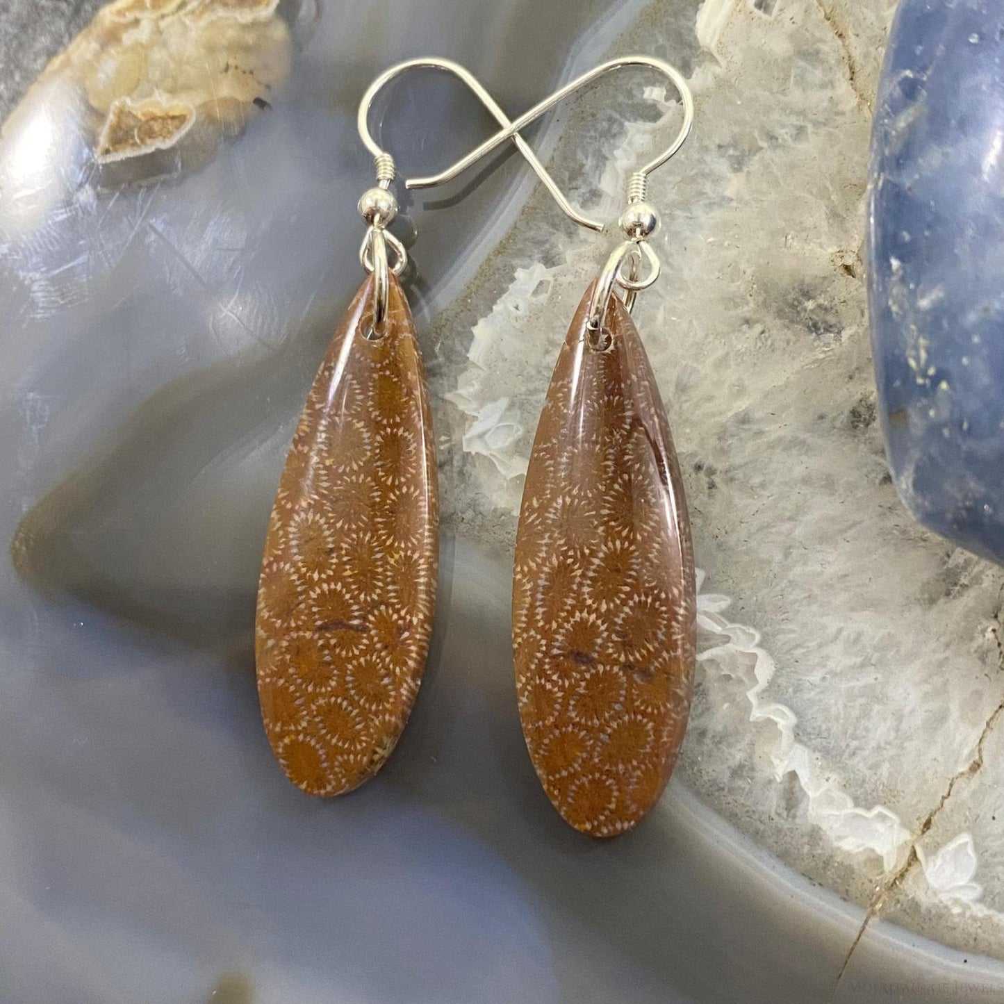 Sterling Silver Teardrop Fossilized Coral Slab Dangle Earrings For Women #052