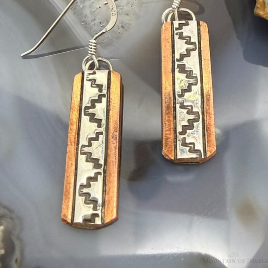 Landon Secatero Navajo Sterling Silver & Copper Stamped Dangle Earrings For Women #3
