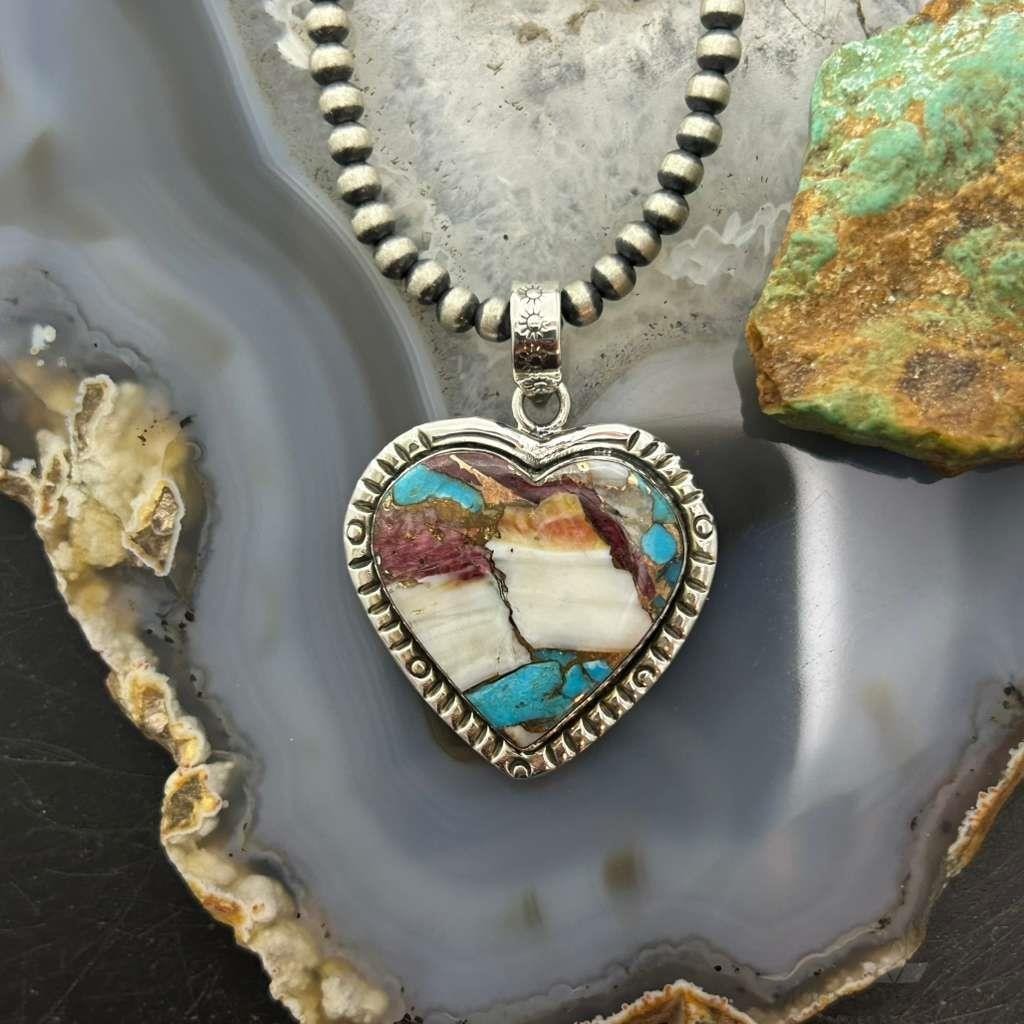 Sterling Silver Southwestern Style Turquoise Spiny Oyster Heart Pendant For Women #1