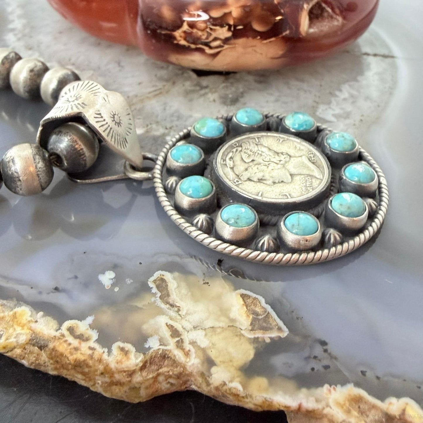 Genuine 1943 90% Silver Mercury Dime Coin w/Turquoise Decorated Unisex Pendant
