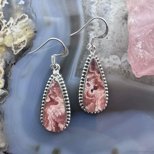 Sterling Southwestern Style Teardrop Rhodochrosite Dangle Earrings For Women