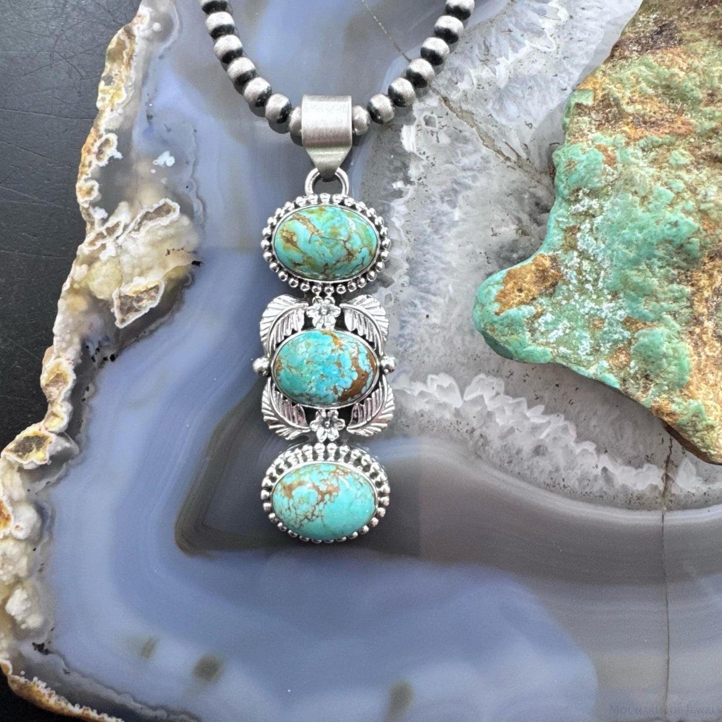 Sterling Silver Southwestern Style 3 Oval Turquoise Decorated Pendant For Women