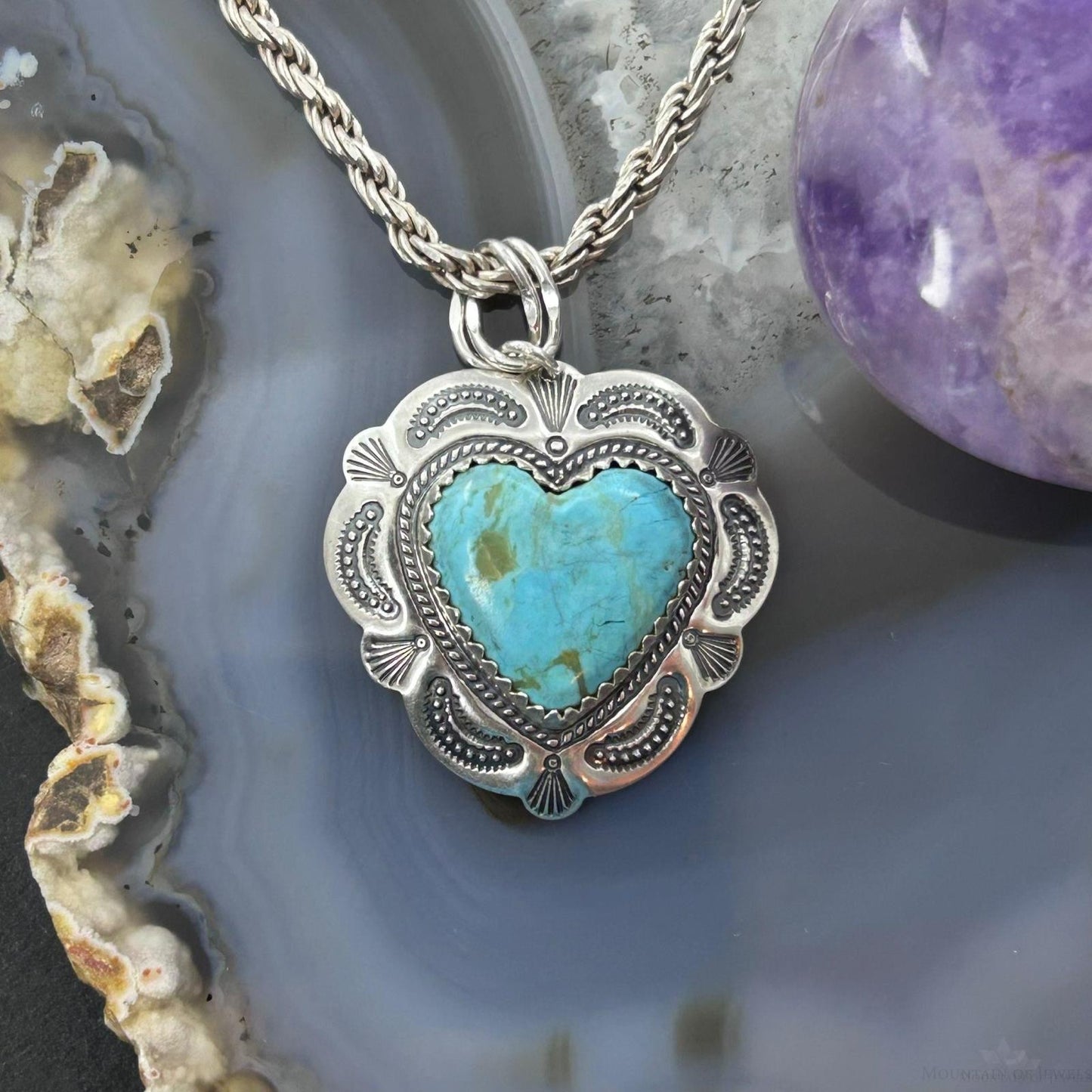 QT Quoc Sterling Silver Southwestern Style Turquoise Heart Pendant For Women