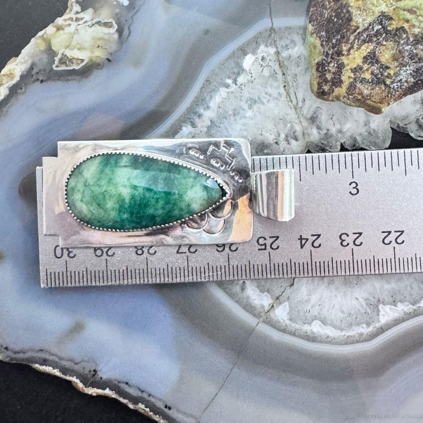 Frank Chavez Native American Sterling Silver Teardrop Faceted Moss Agate Pendant