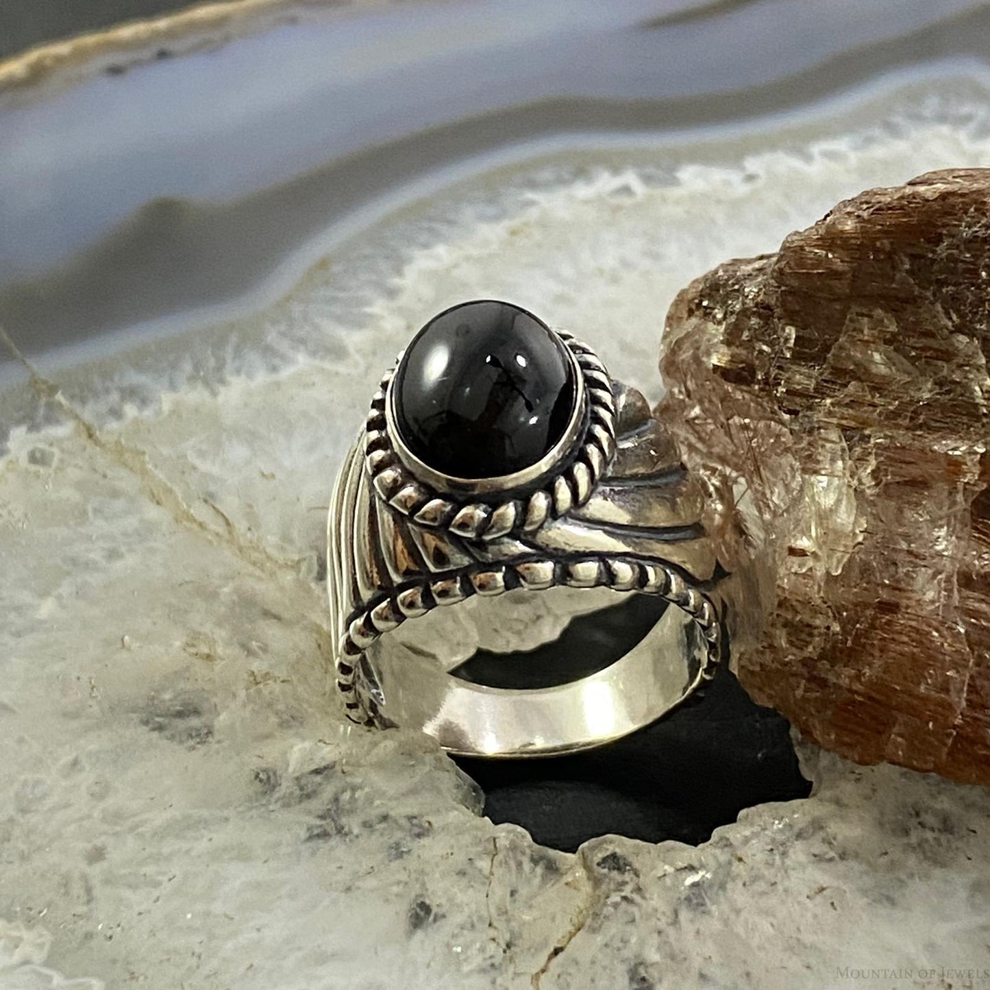 Carolyn Pollack Southwestern Style Sterling Silver Oval Black Onyx Decorated Shield Ring For Women