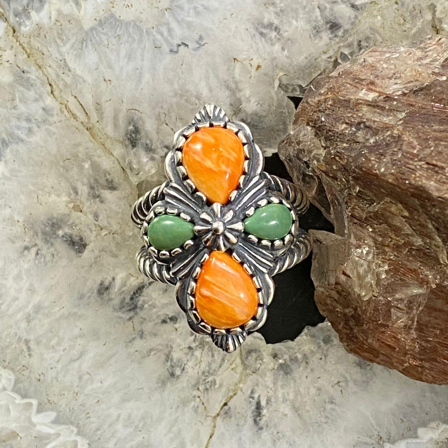 Carolyn Pollack Sterling Silver Orange Spiny Oyster & Gaspeite Cross Ring For Women