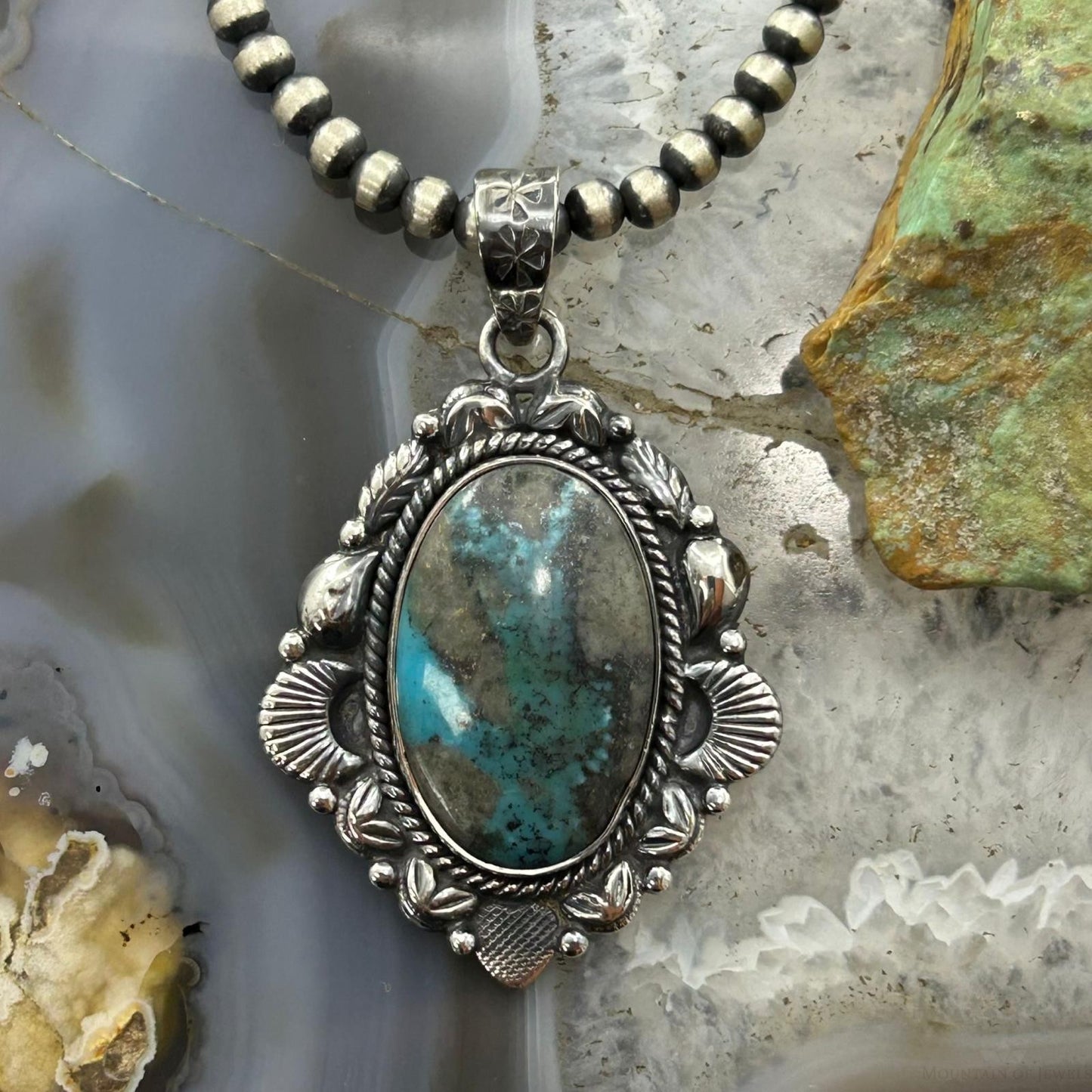 Sterling Silver Southwestern Style Oval Turquoise Decorated Pendant For Women #4
