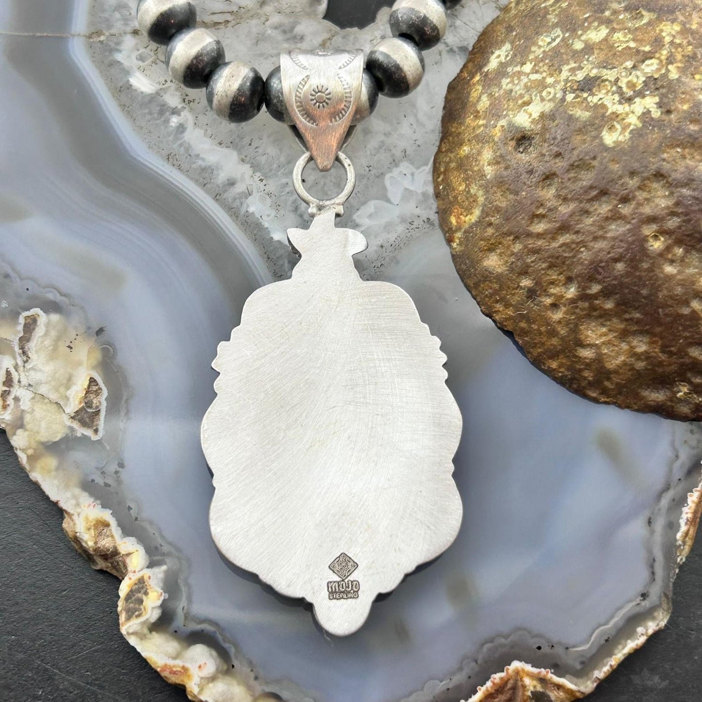 Sterling Silver Southwestern Style Peanut Obsidian Decorated Pendant For Women