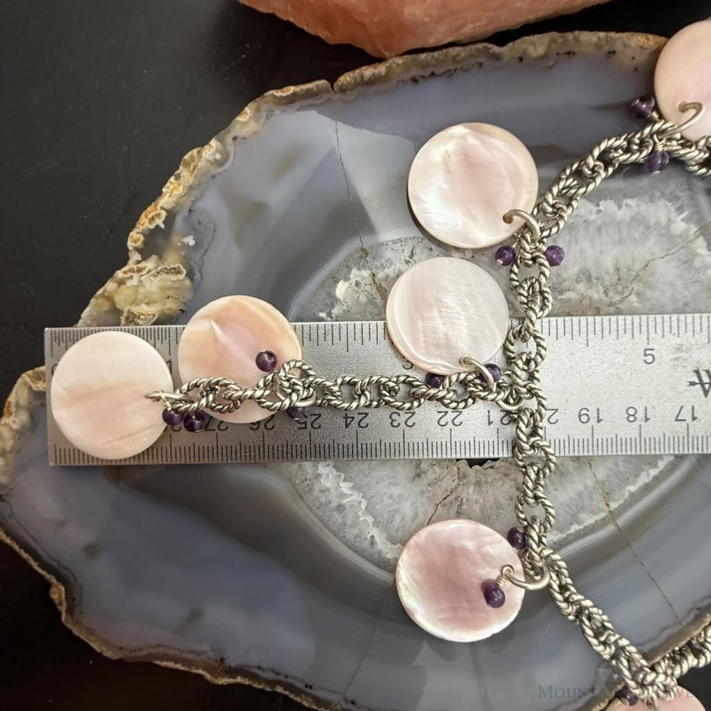 Carolyn Pollack Sterling Silver 7 MOP Disc, Amethyst Twisted Link Chain 20" Necklace For Women
