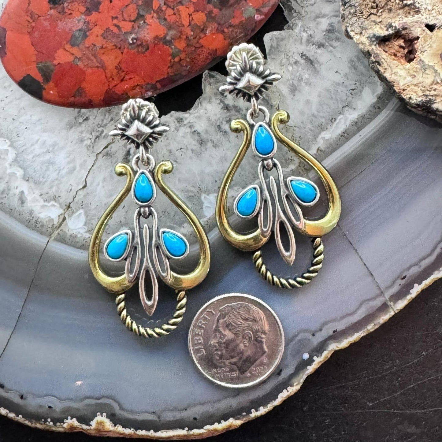 Carolyn Pollack Sterling Silver & Brass Sleeping Beauty Turquoise Post Dangle Earrings For Women