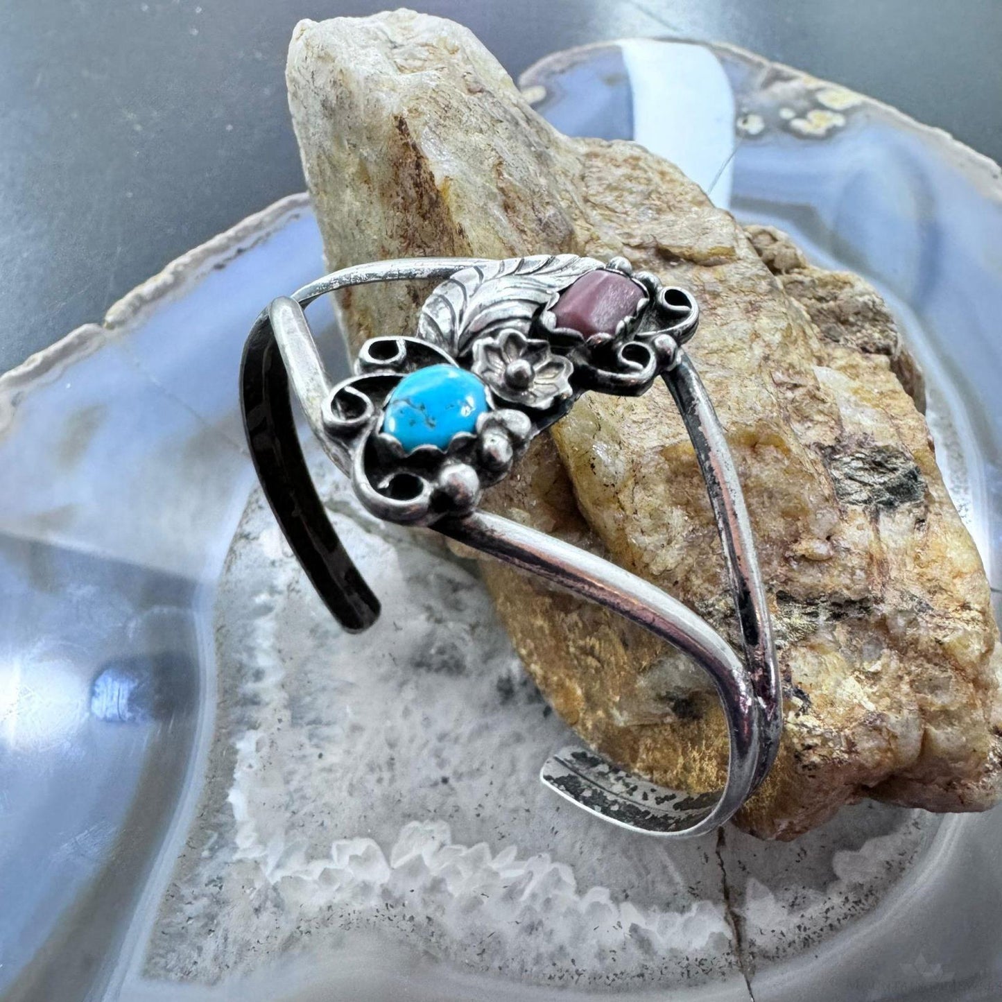 Vintage Native American Silver Turquoise & Coral Decorated Bracelet For Women