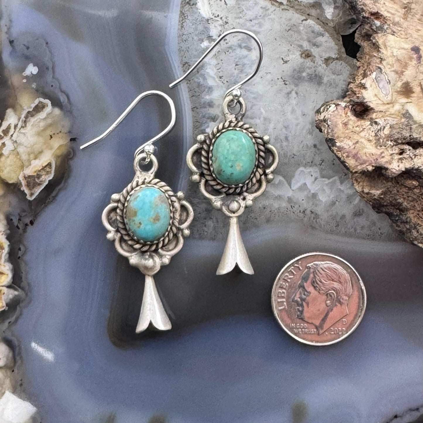 Sterling Silver Southwestern Style Turquoise Squash Blossom Decorated Dangle Earrings For Women