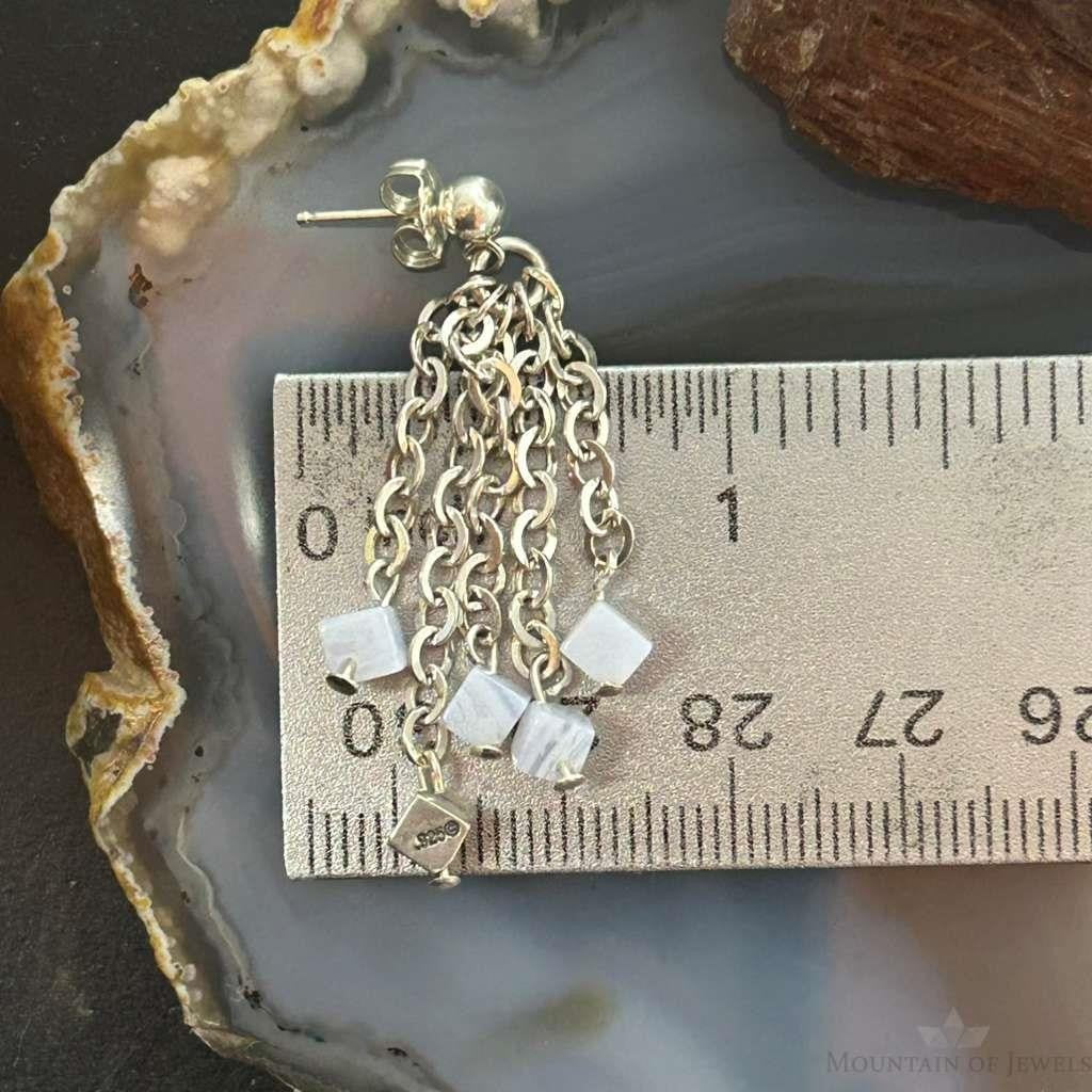 Carolyn Pollack Sterling Silver Tiny Blue Lace Agate Cube Bead Chandelier Earrings For Women