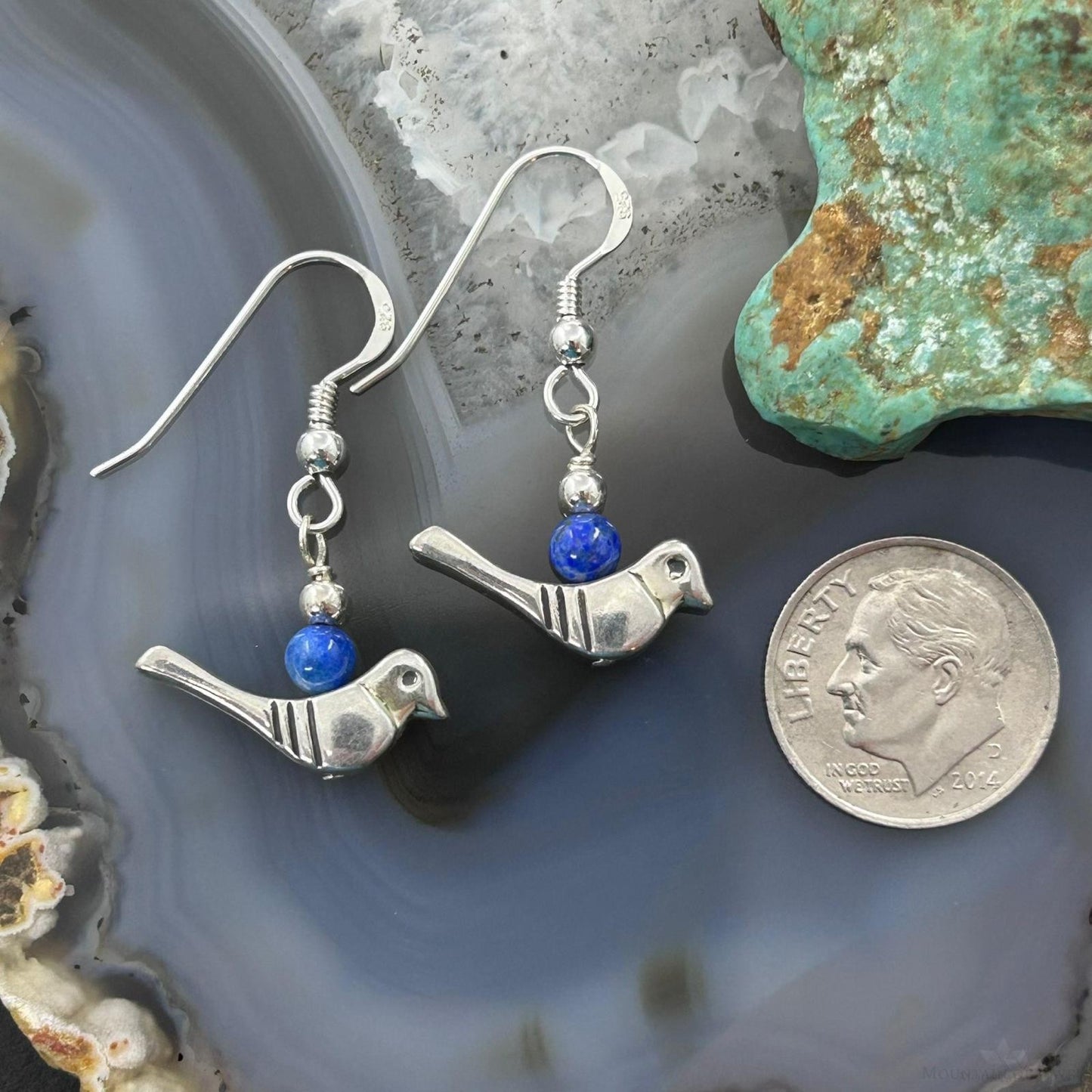 Carolyn Pollack Southwestern Style Sterling Silver Bird with Lapis Bead Dangle Earrings For Women