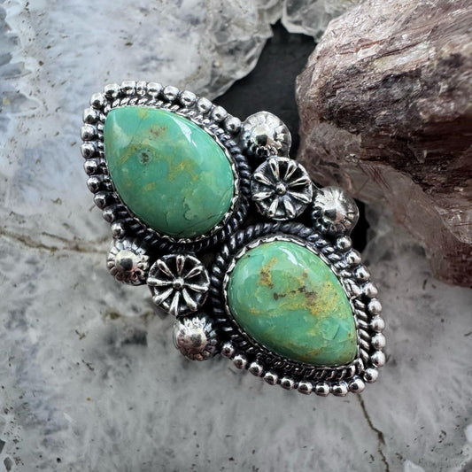 Sterling Silver Southwestern Style Teardrop Green Turquoise Decorated Adjustable Ring For Women