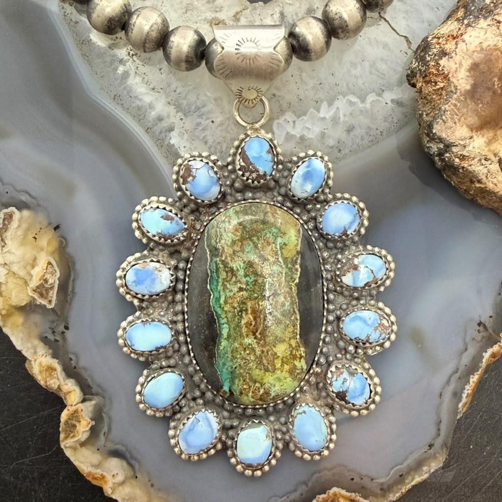 Sterling Silver Southwestern Style Blackjack & Golden Hill Turquoise Pendant For Women