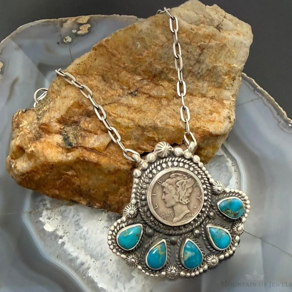 Sterling Silver Southwestern Style 1944 Mercury Dime & Kingman Turquoise Necklace For Women