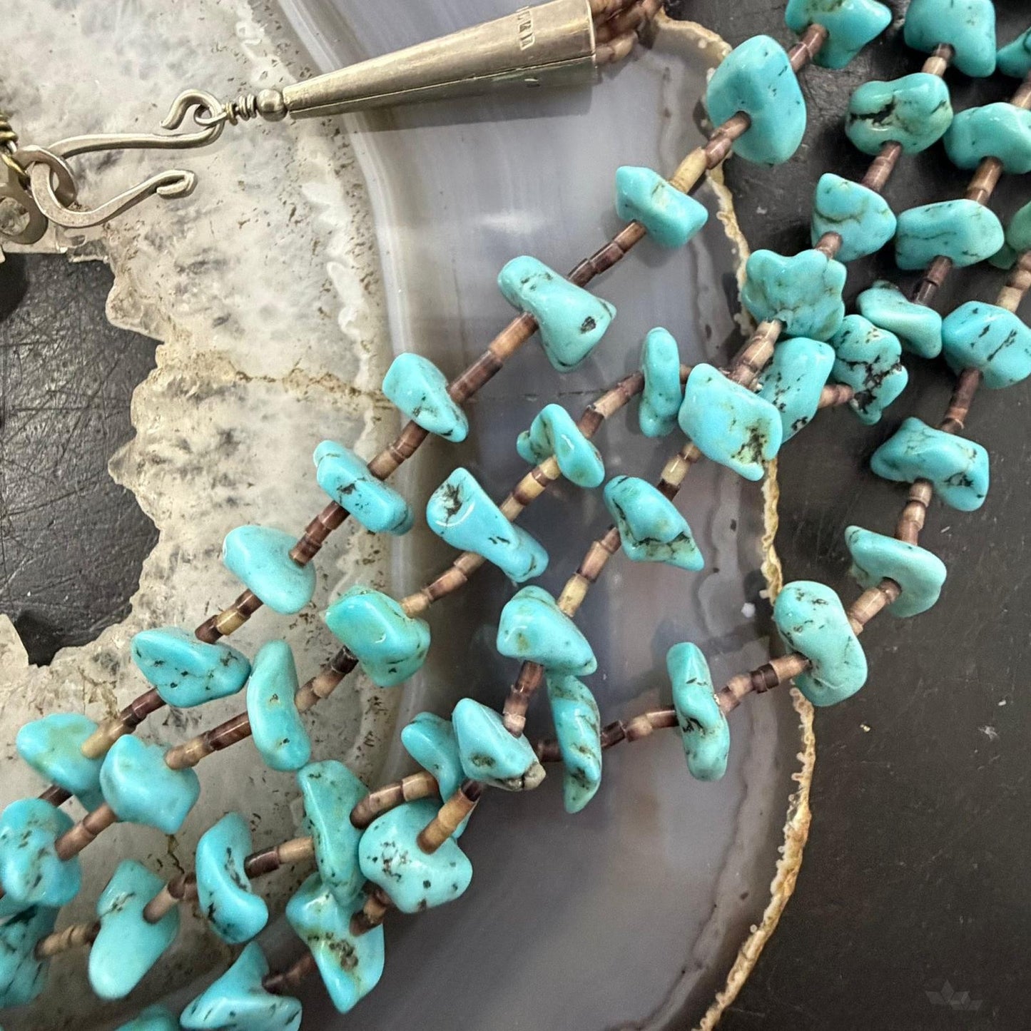 Vintage Native American 4 Starnds Turquoise & Brown Shell Beads w/Curved Turtle Necklace For Women